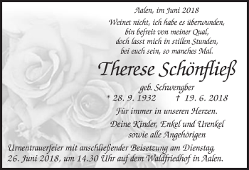 Traueranzeige von Therese Schönfließ von Schwäbische Post