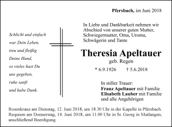 Traueranzeige von Theresia Apeltauer von Gmünder Tagespost