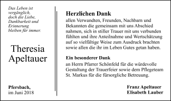 Traueranzeige von Theresia Apeltauer von Gmünder Tagespost