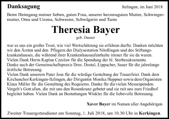 Traueranzeige von Theresia Bayer von Schwäbische Post