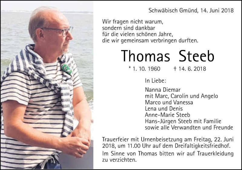  Traueranzeige für Thomas Steeb vom 16.06.2018 aus Gmünder Tagespost