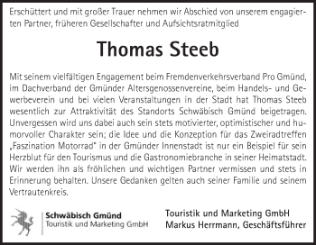 Traueranzeige von Thomas Steeb von Gmünder Tagespost