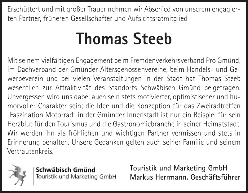  Traueranzeige für Thomas Steeb vom 16.06.2018 aus Gmünder Tagespost