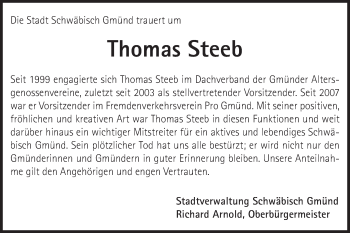 Traueranzeige von Thomas Steeb von Gmünder Tagespost