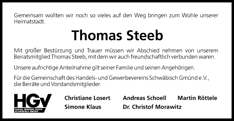  Traueranzeige für Thomas Steeb vom 16.06.2018 aus Gmünder Tagespost