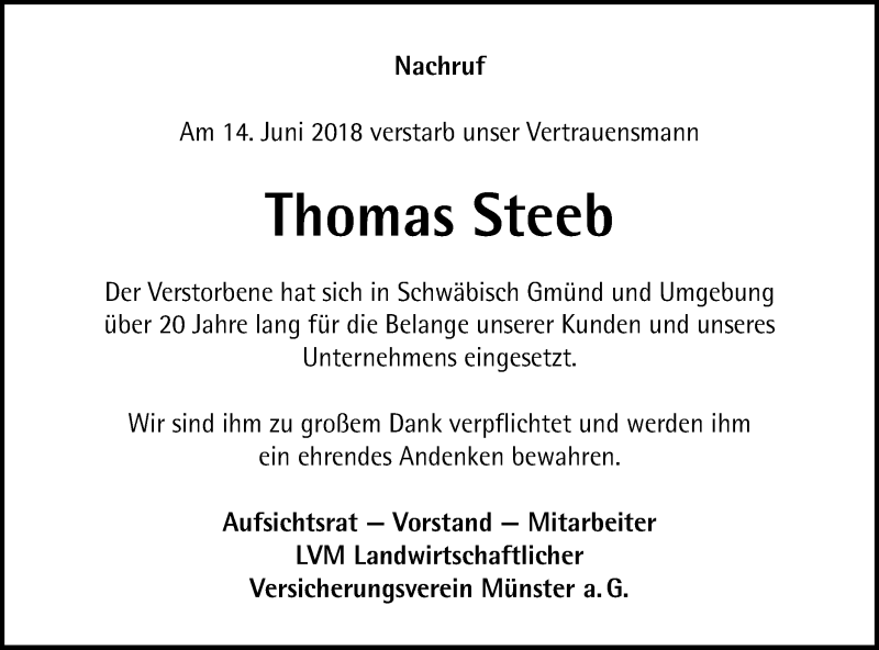  Traueranzeige für Thomas Steeb vom 23.06.2018 aus Gmünder Tagespost