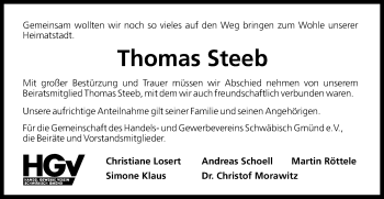 Traueranzeige von Thomas Steeb von Gmünder Tagespost