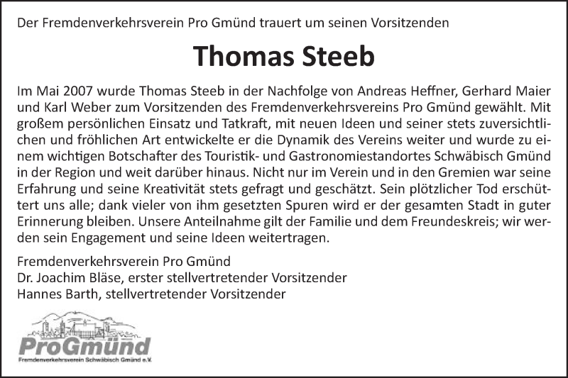  Traueranzeige für Thomas Steeb vom 16.06.2018 aus Gmünder Tagespost