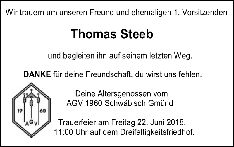  Traueranzeige für Thomas Steeb vom 19.06.2018 aus Gmünder Tagespost