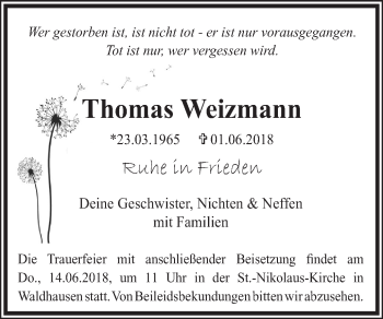 Traueranzeige von Thomas Weizmann von Schwäbische Post