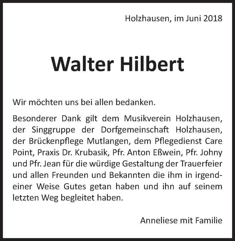  Traueranzeige für Walter Hilbert vom 05.06.2018 aus Gmünder Tagespost