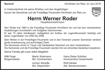 Traueranzeige von Werner Roder von Schwäbische Post