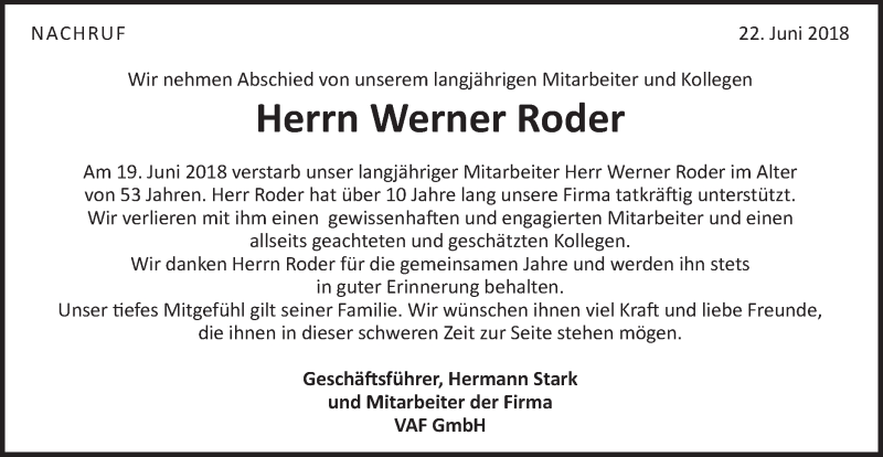  Traueranzeige für Werner Roder vom 22.06.2018 aus Schwäbische Post