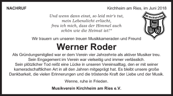 Traueranzeige von Werner Roder von Schwäbische Post