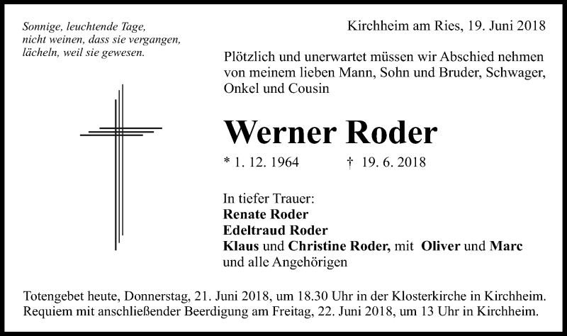  Traueranzeige für Werner Roder vom 21.06.2018 aus Schwäbische Post