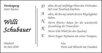 Traueranzeige von Willi Schubauer von Gmünder Tagespost