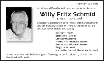 Traueranzeige von Willy Fritz Schmid von Schwäbische Post