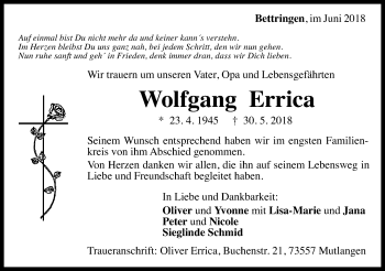 Traueranzeige von Wolfgang Errica von Gmünder Tagespost