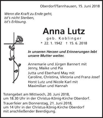 Traueranzeige von Anna Lutz  von Schwäbische Post