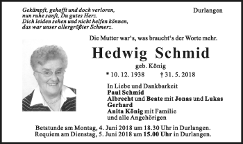 Traueranzeige von Hedwig Schmid  von Gmünder Tagespost