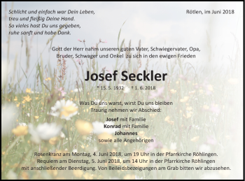 Traueranzeige von Josef Seckler  von Schwäbische Post