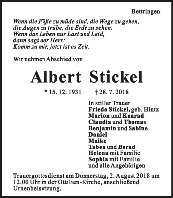 Traueranzeige von Albert Stickel von Gmünder Tagespost