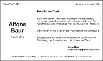 Traueranzeige von Alfons Baur von Schwäbische Post