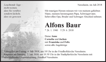 Traueranzeige von Alfons Baur von Schwäbische Post