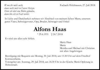 Traueranzeige von Alfons Haas von Gmünder Tagespost