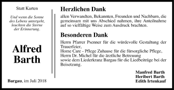 Traueranzeige von Alfred Barth von Gmünder Tagespost
