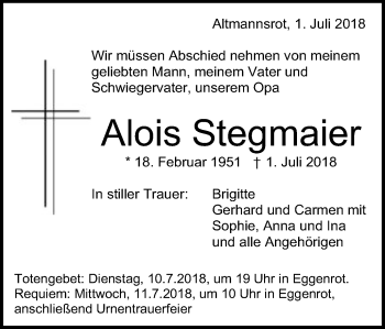 Traueranzeige von Alois Stegmaier von Schwäbische Post