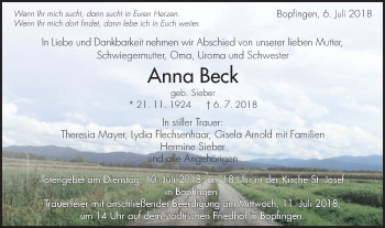Traueranzeige von Anna Beck von Schwäbische Post