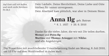 Traueranzeige von Anna Ilg von Schwäbische Post