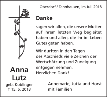 Traueranzeige von Anna Lutz von Bopfinger Stadtanzeiger