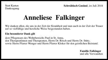 Traueranzeige von Anneliese Falkinger von Gmünder Tagespost