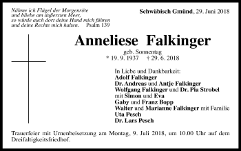 Traueranzeige von Anneliese Falkinger von Gmünder Tagespost