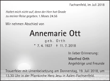 Traueranzeige von Annemarie Ott von Schwäbische Post