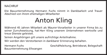 Traueranzeige von Anton Kling von Schwäbische Post
