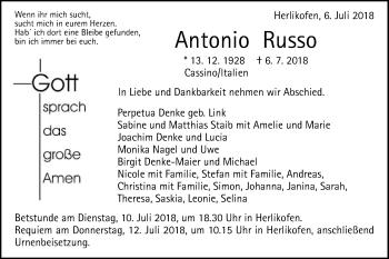 Traueranzeige von Antonio Russo von Gmünder Tagespost