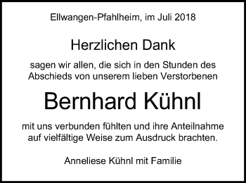 Traueranzeige von Bernhard Kühnl von Schwäbische Post