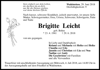 Traueranzeige von Brigitte Leicht von Gmünder Tagespost