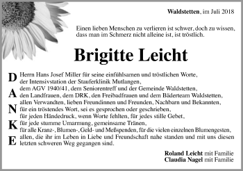 Traueranzeige von Brigitte Leicht von Gmünder Tagespost