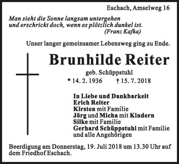 Traueranzeige von Brunhilde Reiter von Gmünder Tagespost