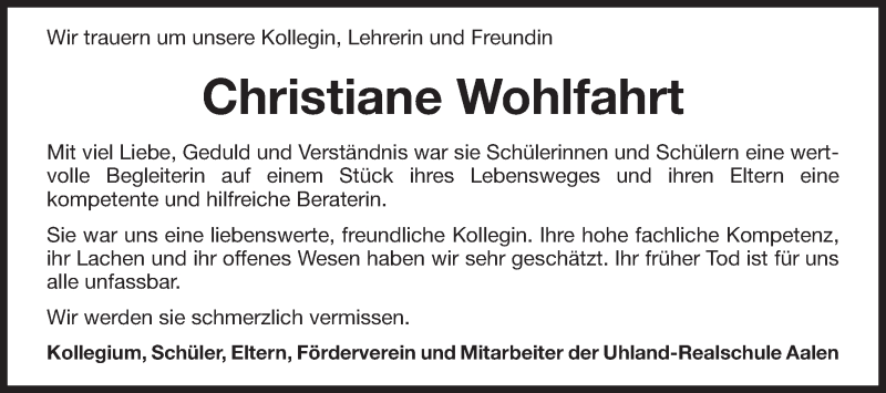  Traueranzeige für Christiane Wohlfahrt vom 25.07.2018 aus Schwäbische Post