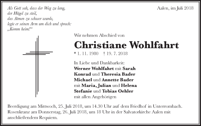  Traueranzeige für Christiane Wohlfahrt vom 21.07.2018 aus Schwäbische Post