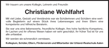 Traueranzeige von Christiane Wohlfahrt von Schwäbische Post