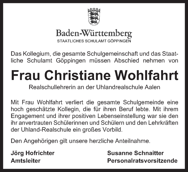  Traueranzeige für Christiane Wohlfahrt vom 25.07.2018 aus Schwäbische Post