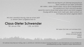Traueranzeige von Claus-Dieter Schwender von Schwäbische Post