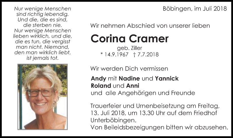  Traueranzeige für Corina Cramer vom 11.07.2018 aus Gmünder Tagespost