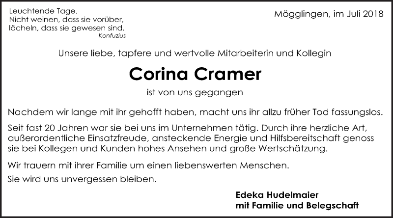 Traueranzeige für Corina Cramer vom 11.07.2018 aus Gmünder Tagespost